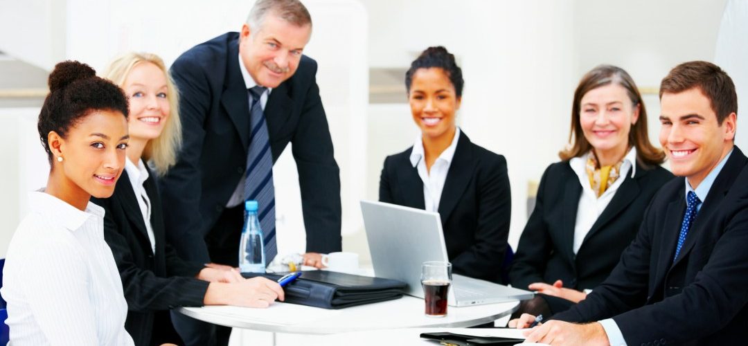 Business group portrait - Six business people working together. A diverse work group.